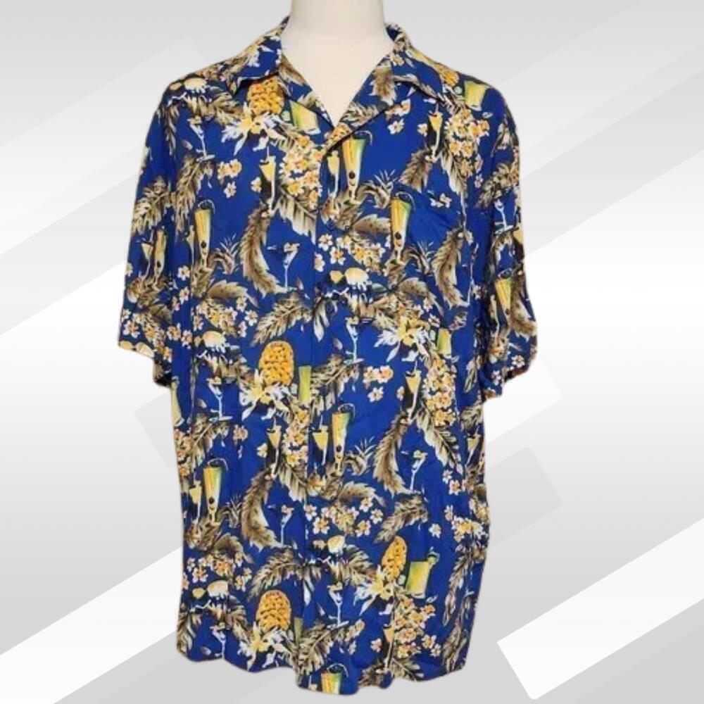 2/$20 O'Rageous Hawaiian Blue Yellow Button-Up Short Sleeve Shirt Size XL